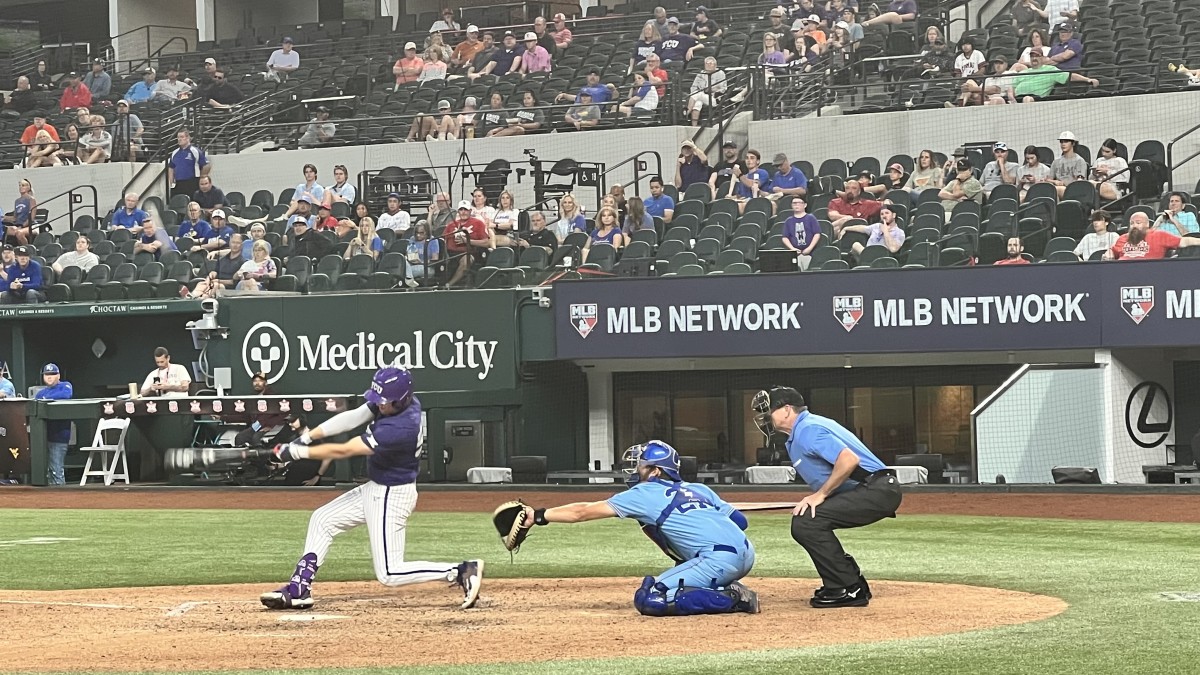 Brayden Taylor at bat for TCU baseball against Kansas in the 2023 Phillips 66 Big 12 Championship.